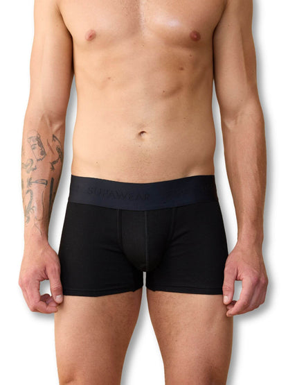 Man wearing black boxer briefs with a visible brand logo on a white background