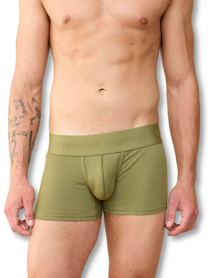 Person wearing green boxer briefs with 'Supawear' branding on a white background