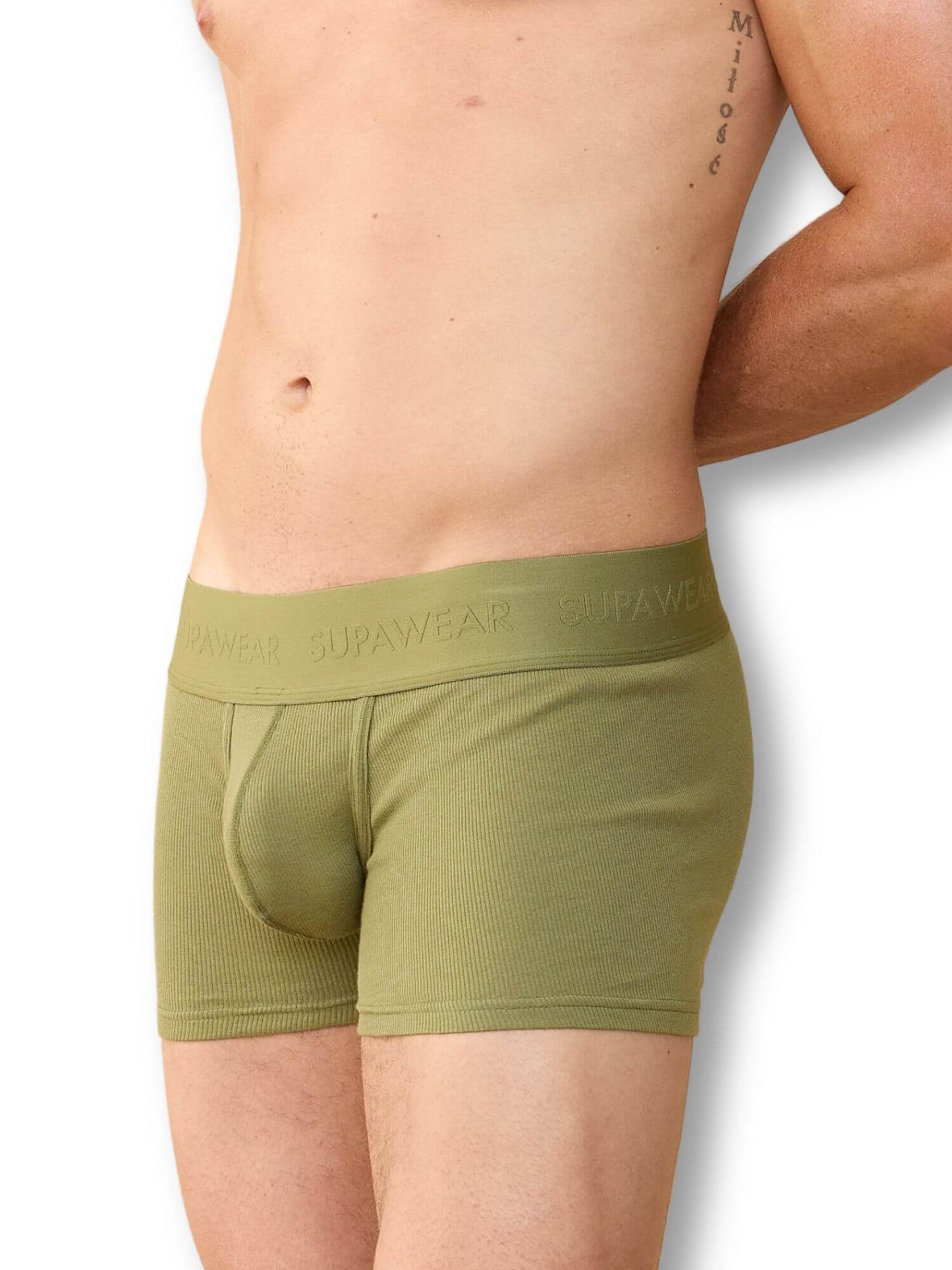 Green boxer briefs with 'Supawear' branding on a white background